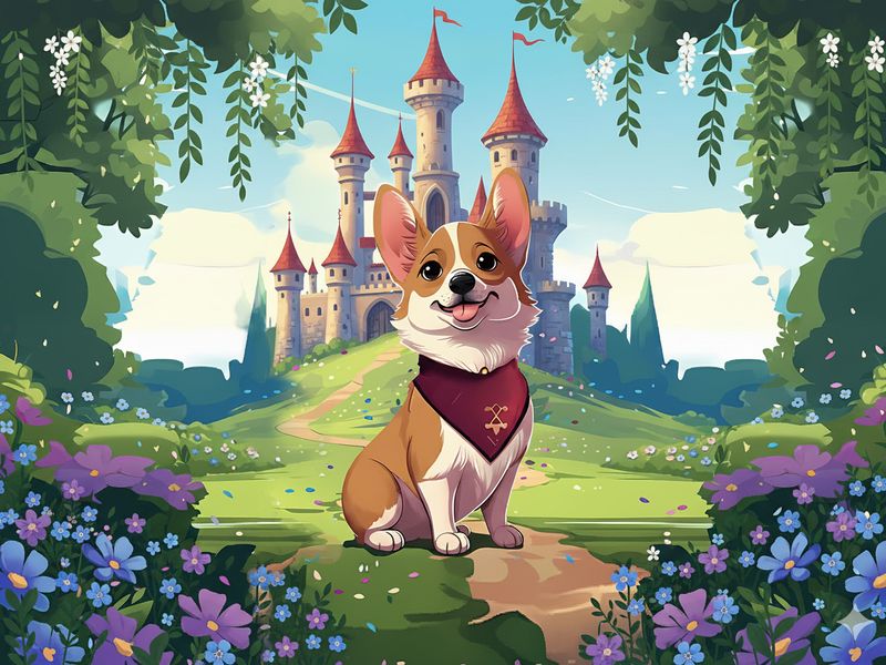 Иллюстрация обложки книги «Принц корги по имени Макс и золотой желудь»: корги-принц на фоне сказочного замка