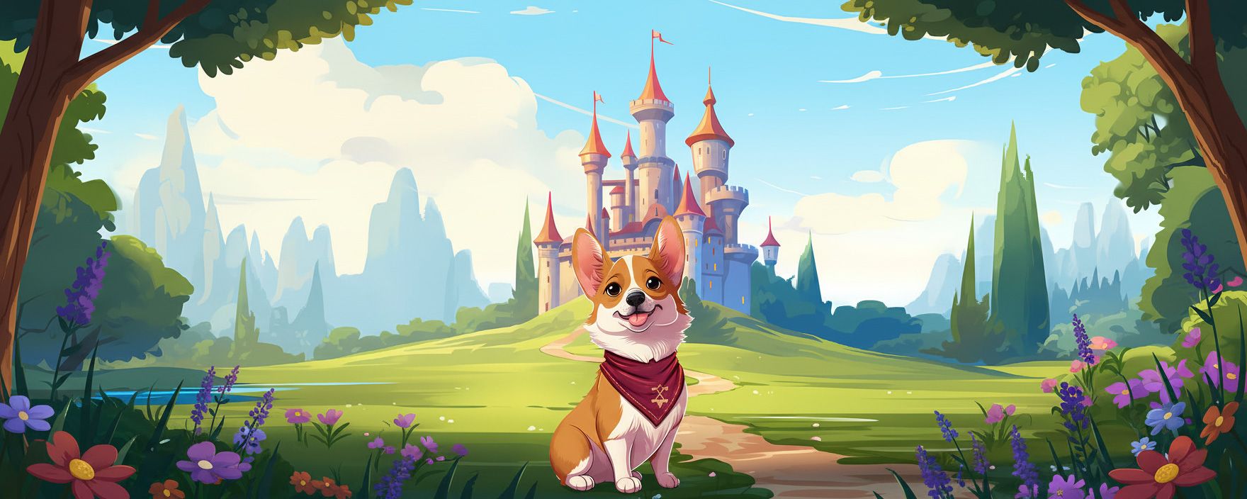 Иллюстрация обложки книги «Принц корги по имени Макс и золотой желудь»: корги-принц на фоне сказочного замка